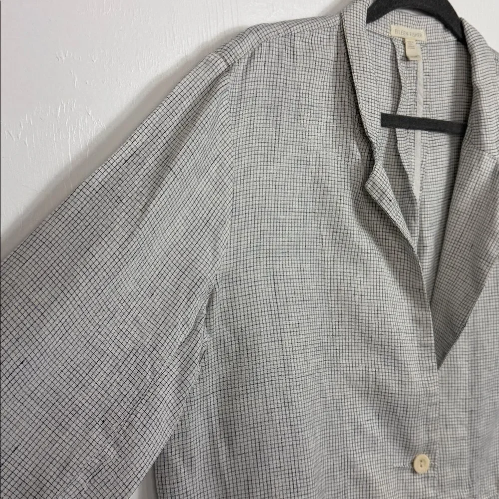 Eileen Fisher Organic Linen Longline Blazer Jacket Gray Check Size M